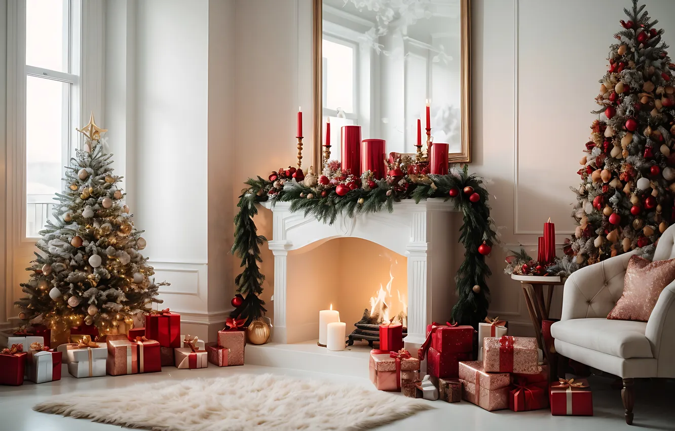 Фото обои украшения, комната, шары, елка, интерьер, Рождество, камин, balls