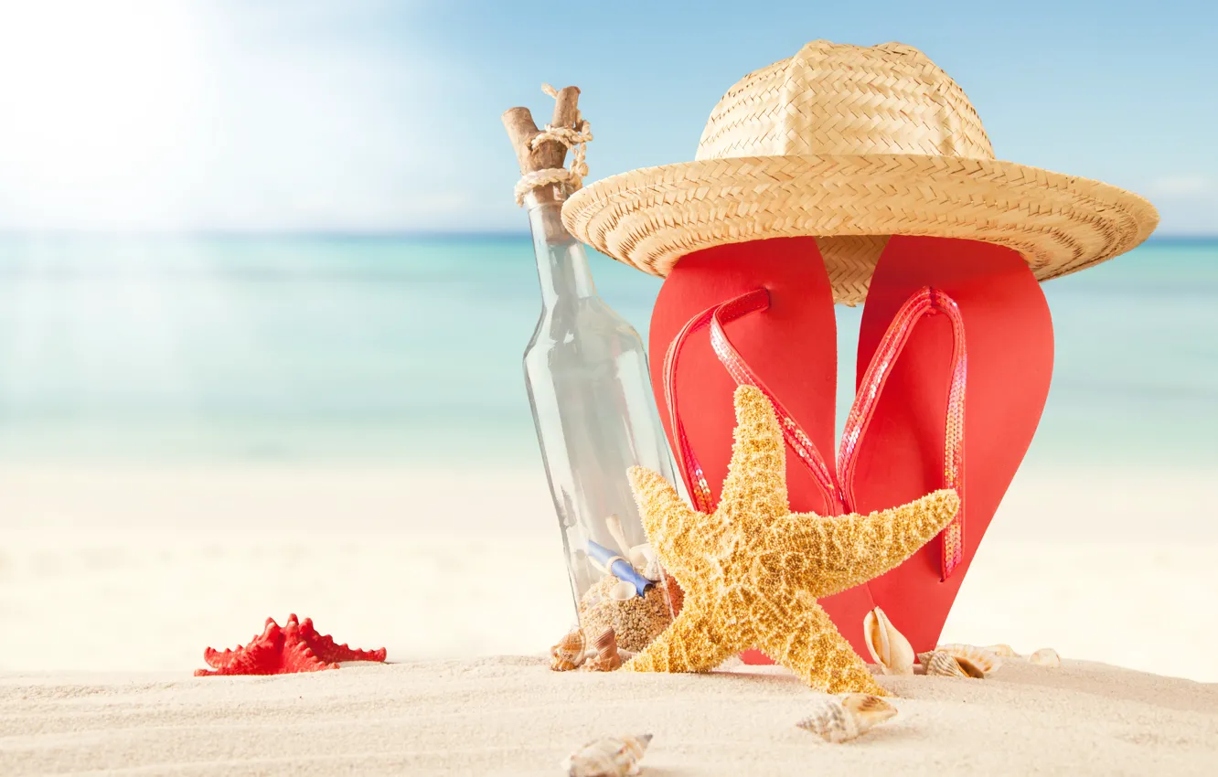 Фото обои песок, море, пляж, лето, солнце, шляпа, summer, beach