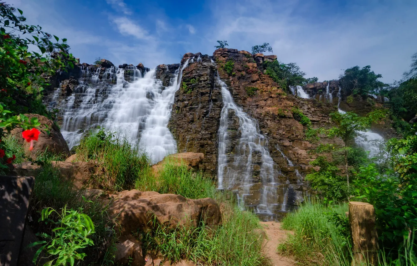 Фото обои зелень, лето, небо, трава, вода, цветы, горы, синева