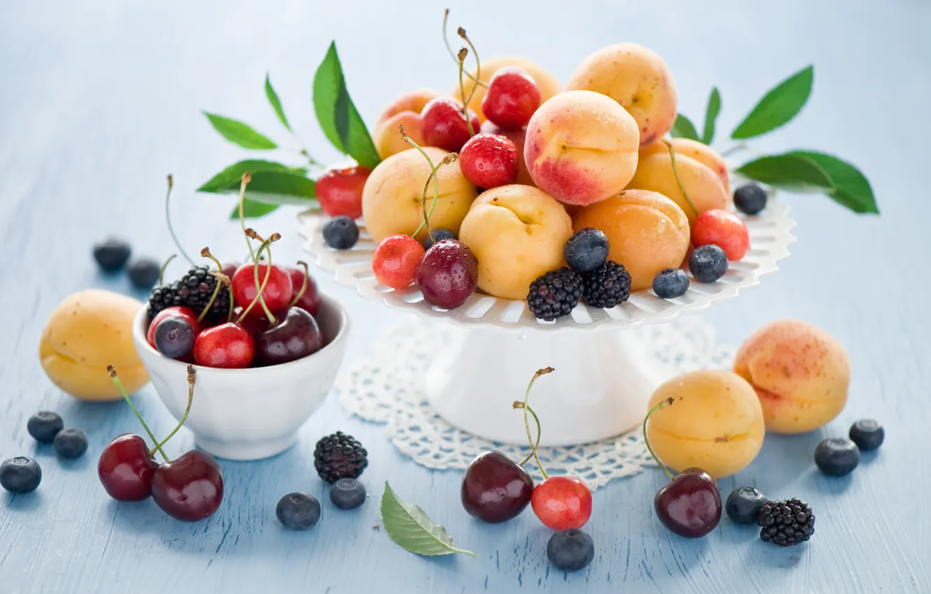 Фото обои лето, вишня, ягоды, черника, фрукты, натюрморт, черешня, ежевика