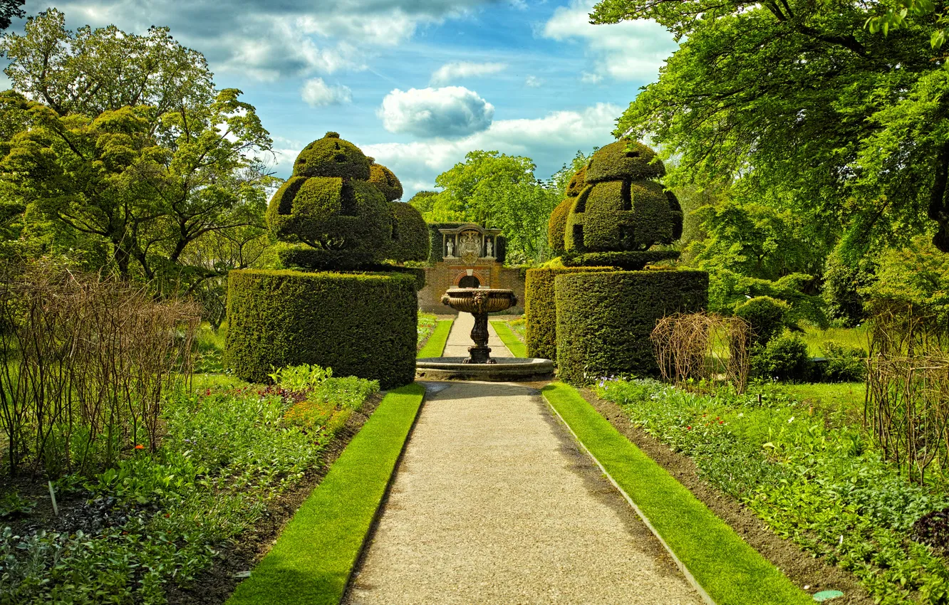 Фото обои зелень, Сад, фонтан