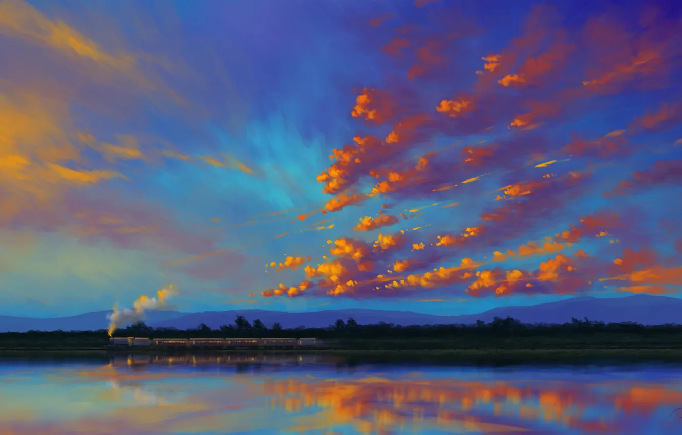 Фото обои sky, landscape, sunset, water, art, clouds, lake, train
