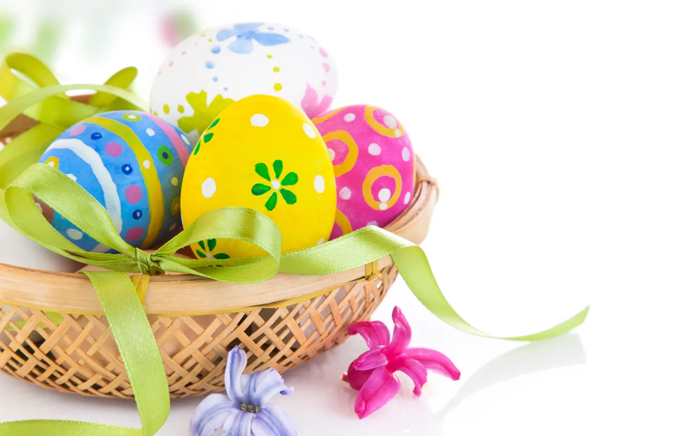 Фото обои праздник, корзина, яйца, пасха, бантик, Easter, egg