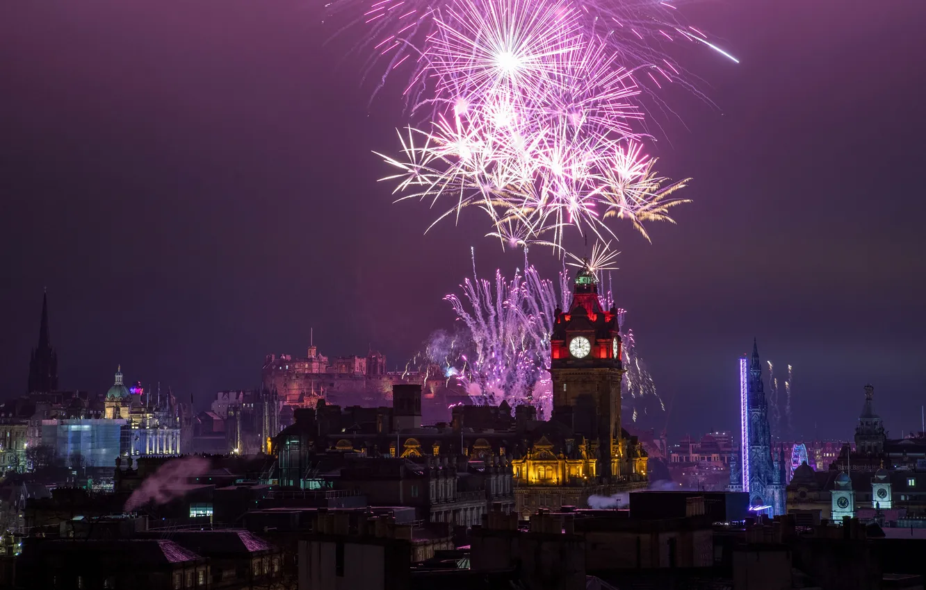 Фото обои Ночь, Город, Шотландия, Scotland, Эдинбург, Edinburgh, Фейерверк, Fireworks