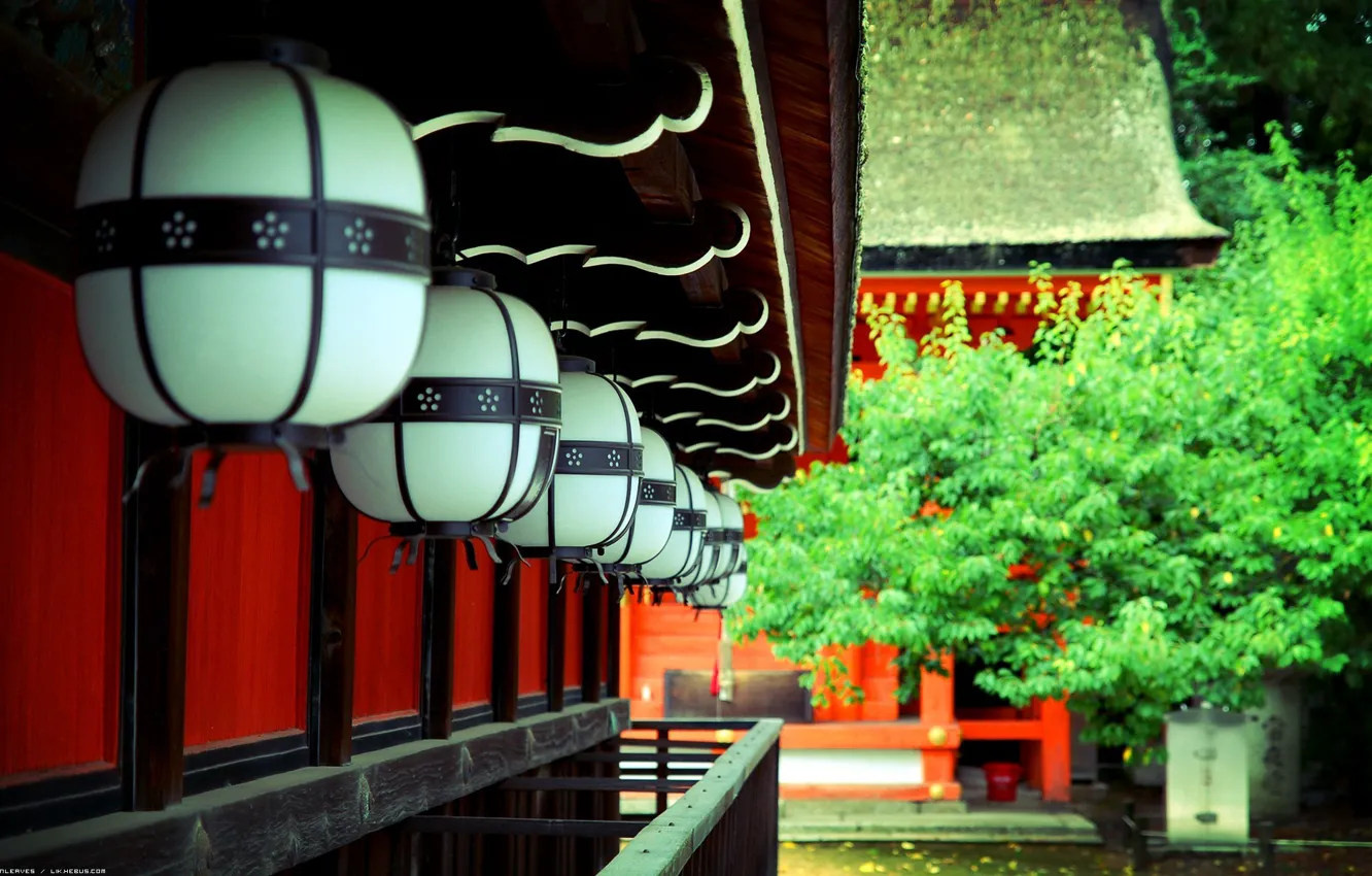 Фото обои деревья, Япония, фонари, храм, Japan