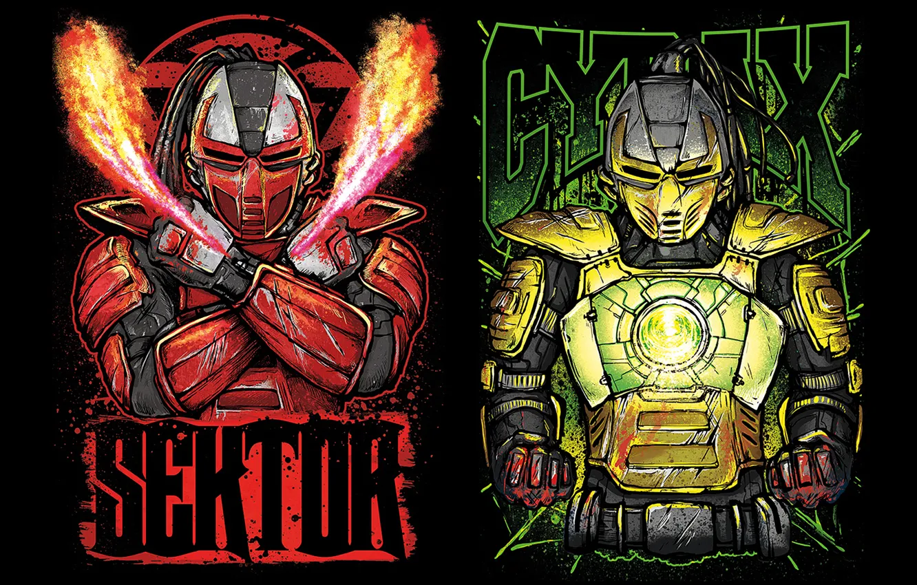 Фото обои фантастика, роботы, арт, киборги, бойцы, Mortal Kombat, Sektor, Cyrax