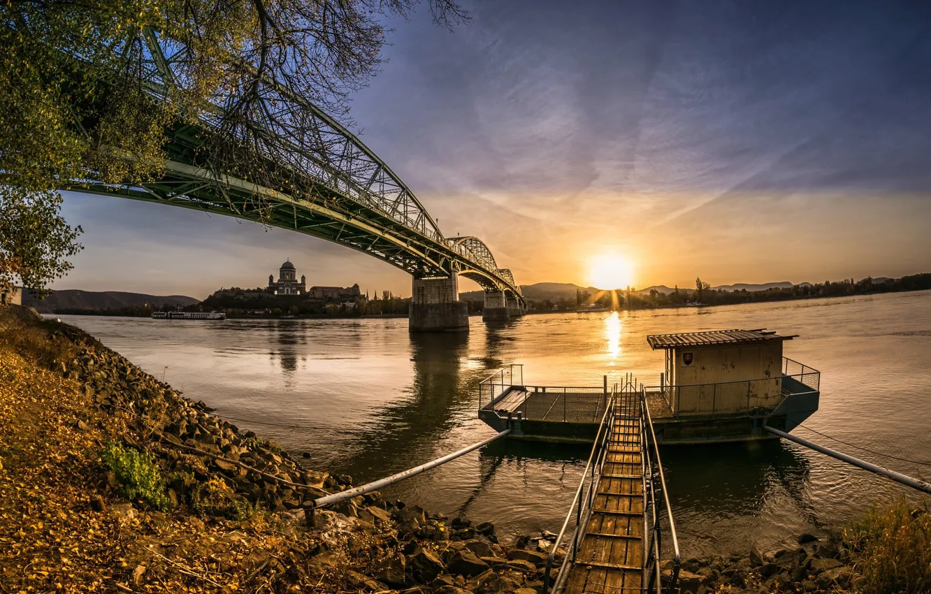 Фото обои закат, мост, река