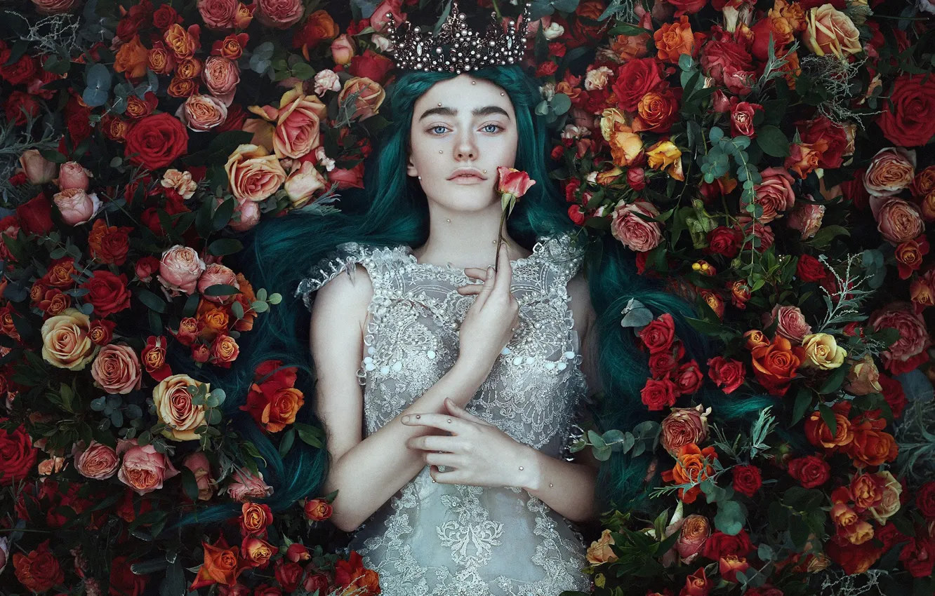 Фото обои взгляд, девушка, цветы, стиль, настроение, розы, корона, платье