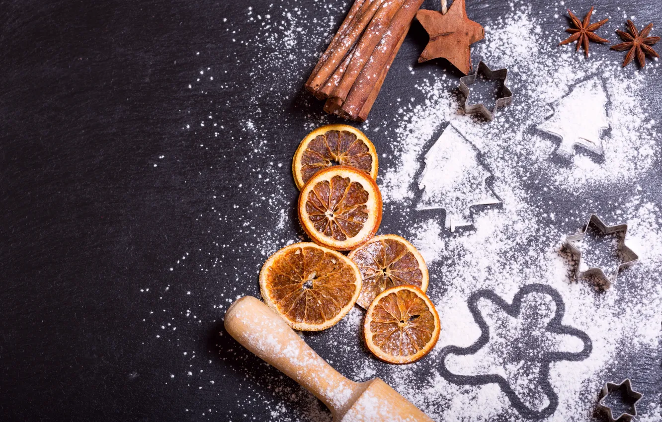 Фото обои елка, апельсин, Новый Год, Рождество, корица, merry christmas, мука, cookies