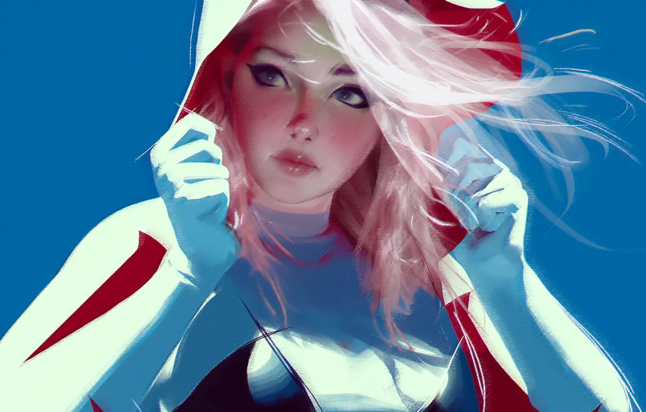 Фото обои digital art, Gwen Stacy, white hair, wavy hair, pale, juicy lips, digital painting, closed mouth