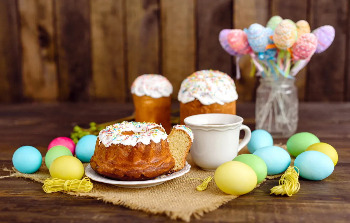 Фото обои яйца, colorful, Пасха, happy, cake, кулич, wood, Easter