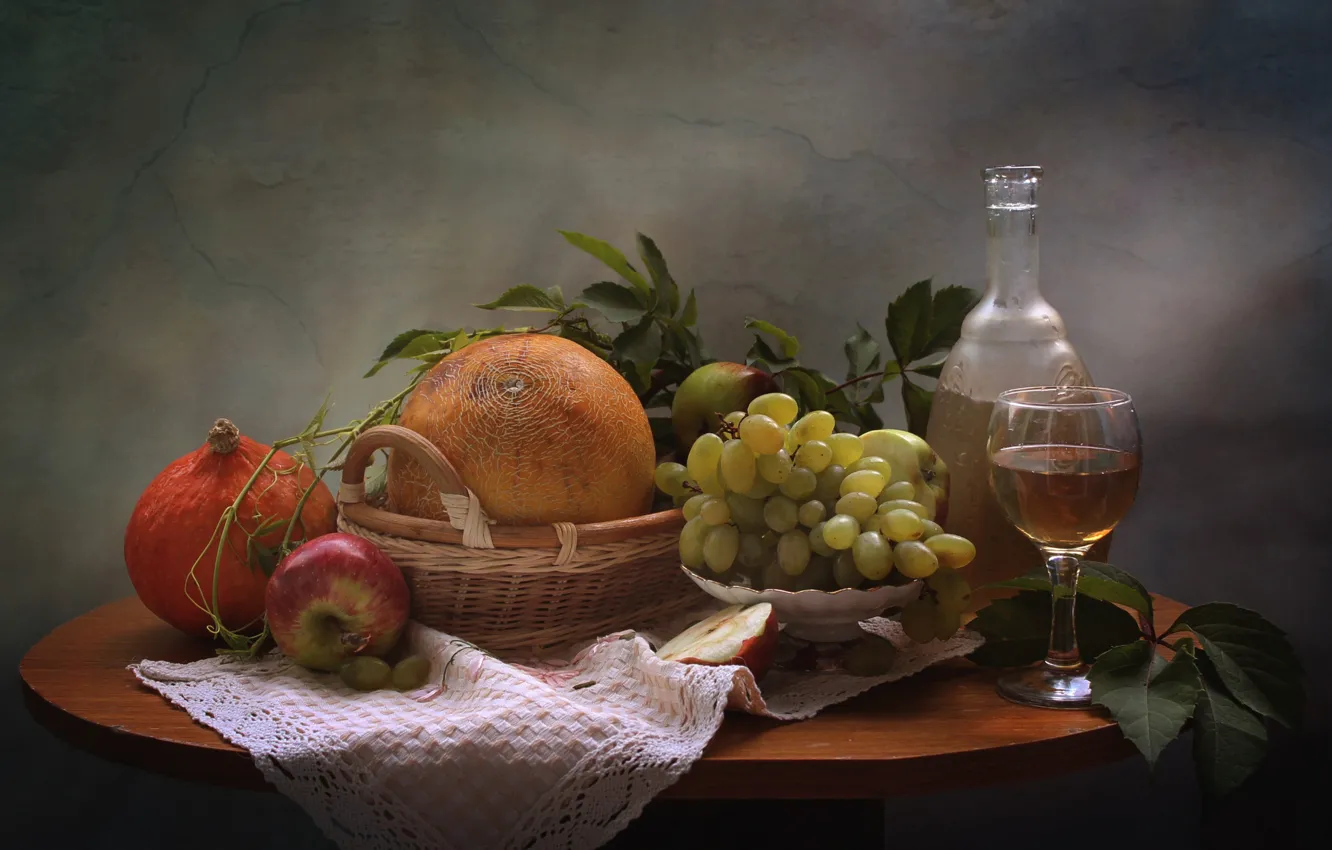 Фото обои вино, яблоко, виноград, тыква, натюрморт, дыня