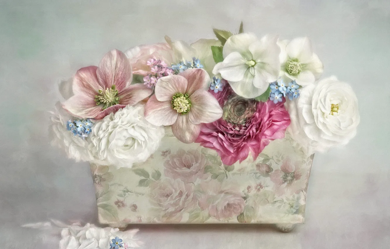 Фото обои цветы, красный, голубой, букет, лепестки, арт, горшок, розовые