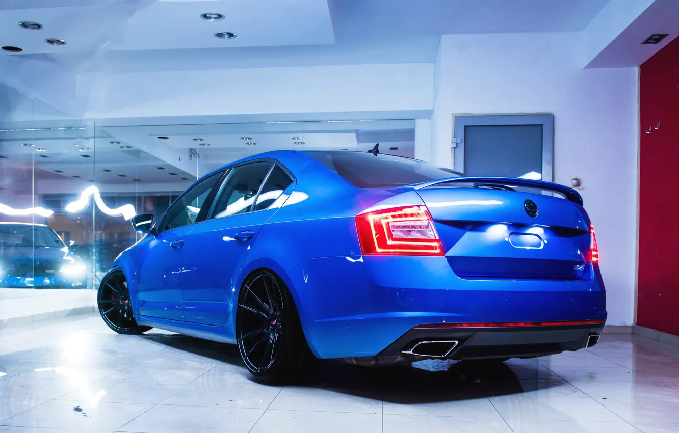 Фото обои Blue, Stance, Skoda, Rear, Octavia RS, Skoda Octavia RS, Black Wheels, Skoda Octavia