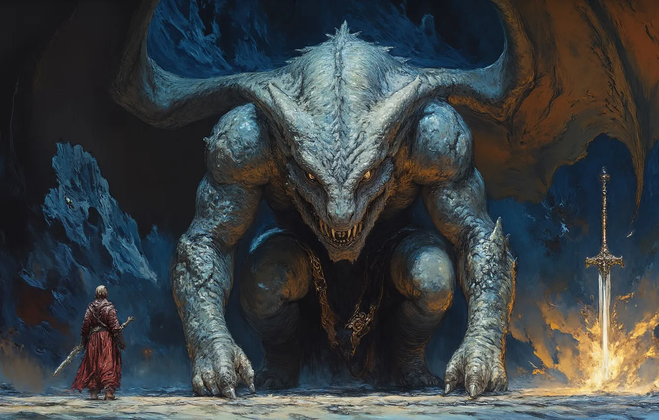 Фото обои дракон, человек, меч