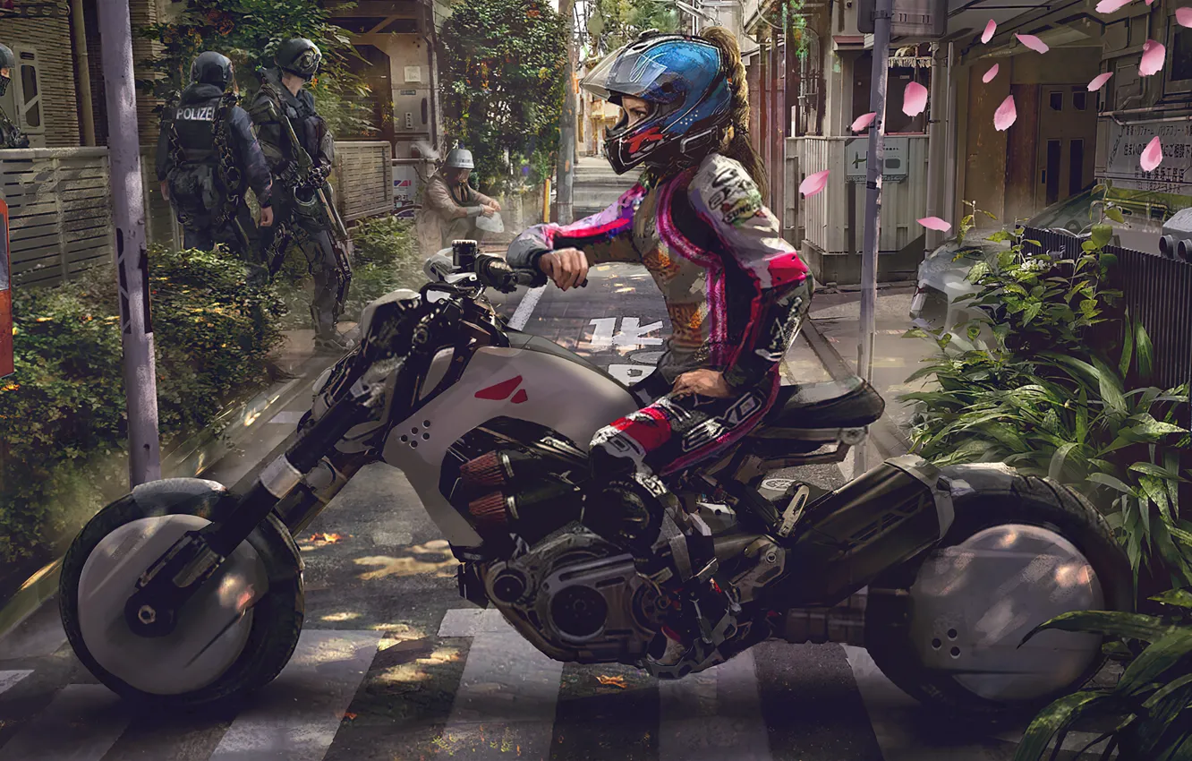 Фото обои будущее, future, мотоцикл, cyberpank, Motorcycle, арт девушка, Eddie Mendoza