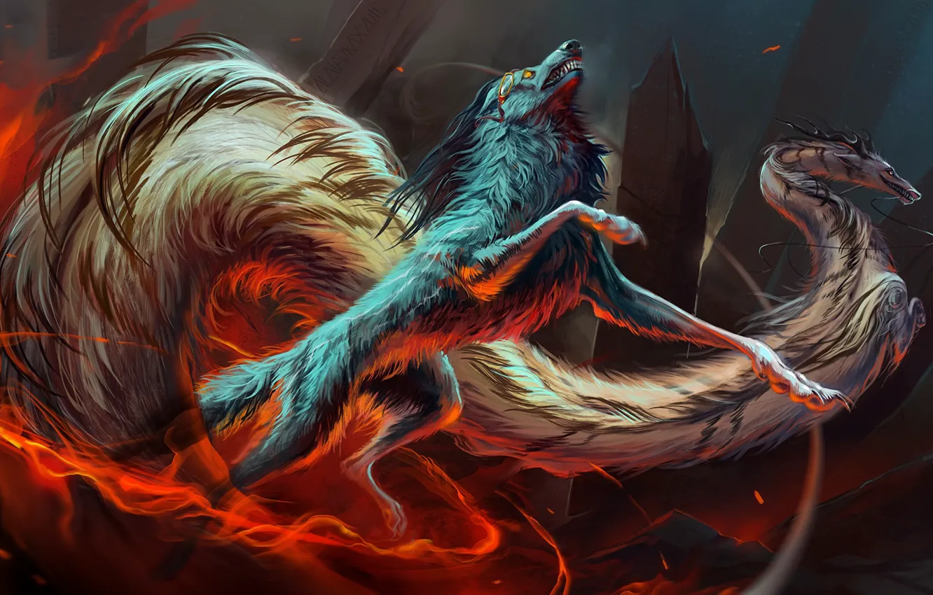 Фото обои движение, скалы, огонь, дракон, волк, fire, rocks, wolf