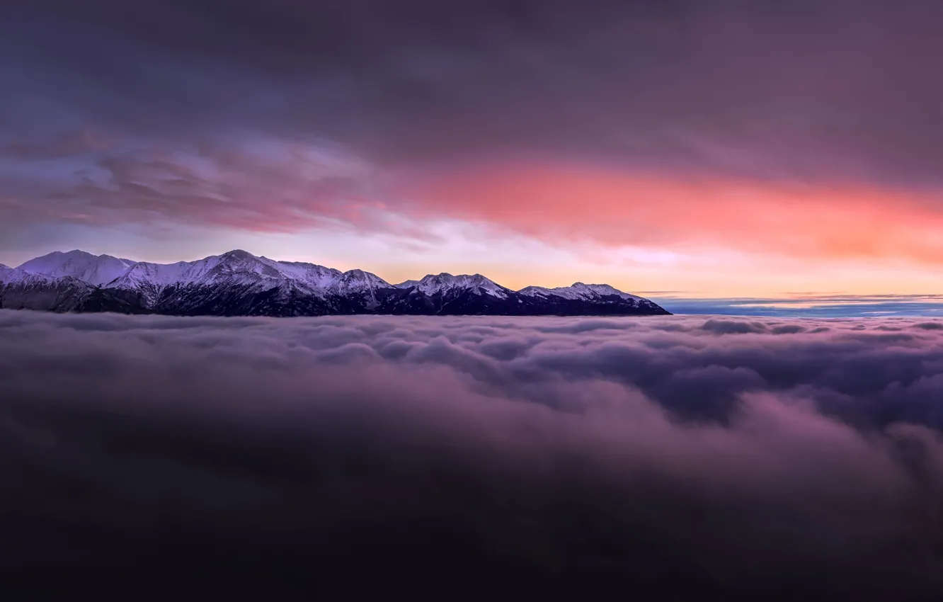 Фото обои sunset, mountains, clouds