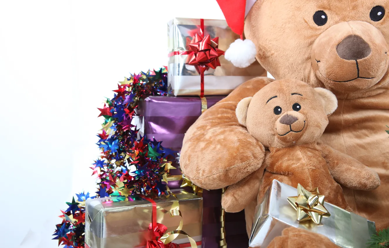 Фото обои праздник, коробка, игрушки, новый год, рождество, медведь, подарки, christmas