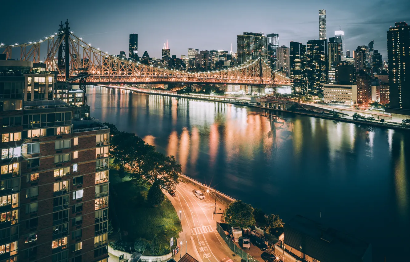 Фото обои ночь, мост, город, огни, США, Нью Йорк