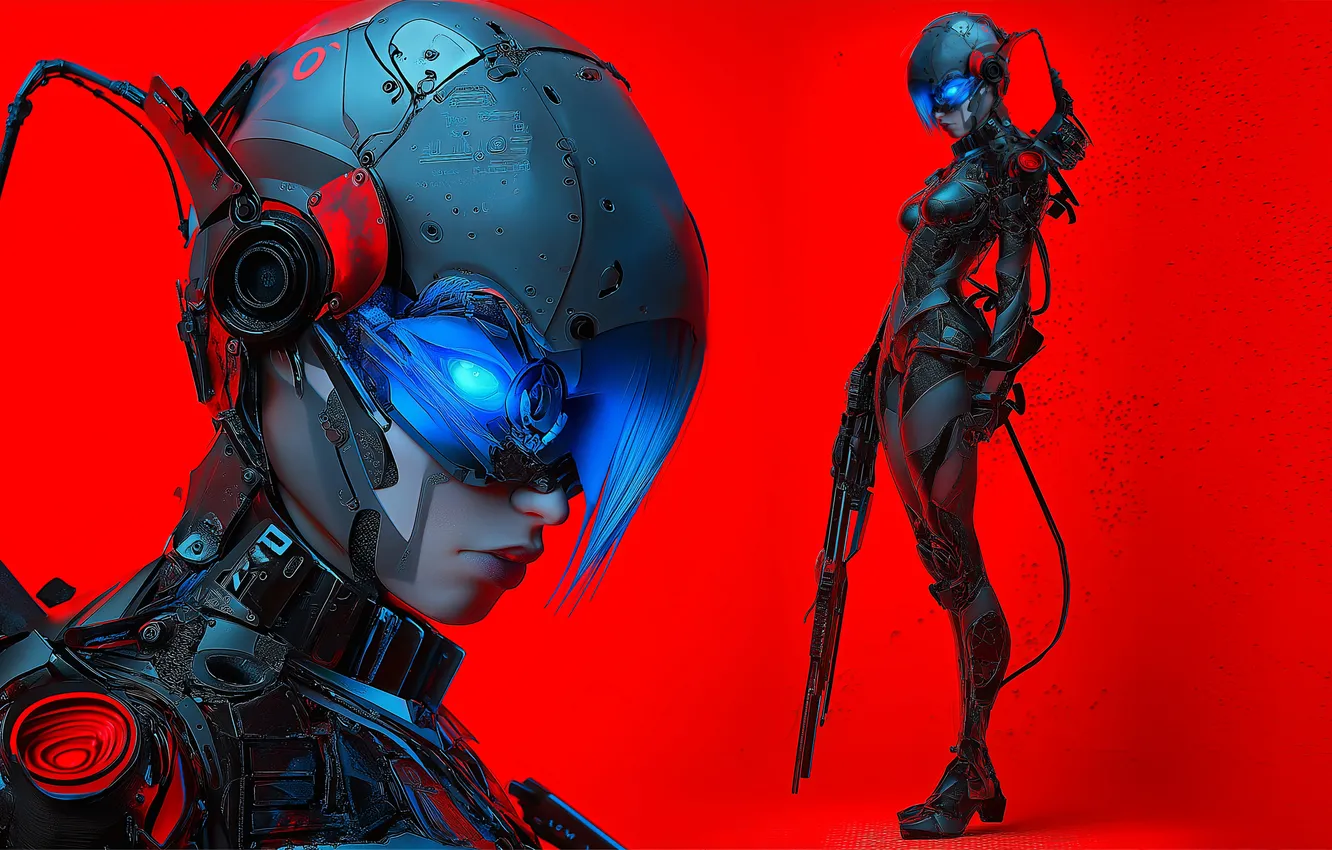 Фото обои red, science fiction, cyberpunk, women, concept art, cyborg, illustration, AI art