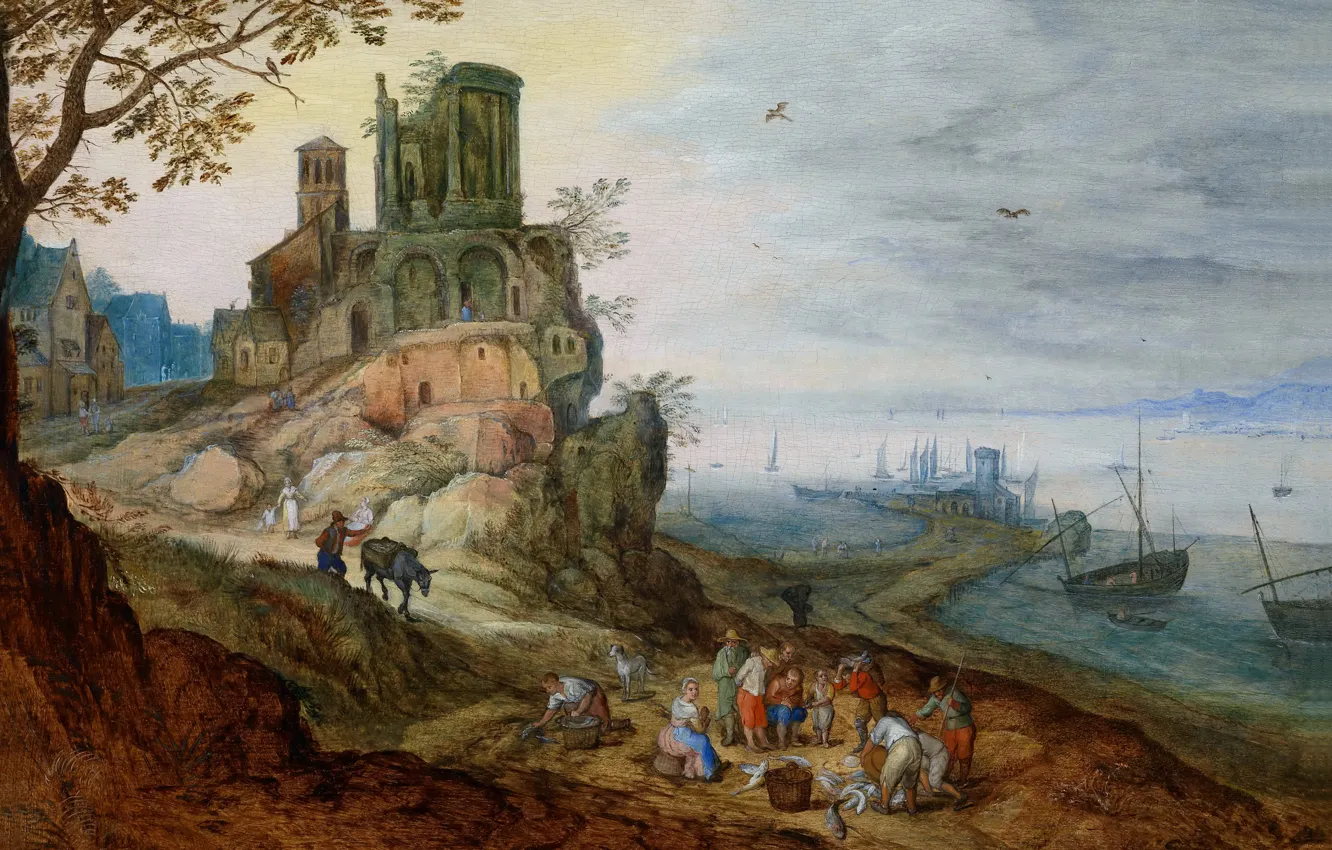 Фото обои замок, картина, Ян Брейгель младший, Портовый Пейзаж с Руинами