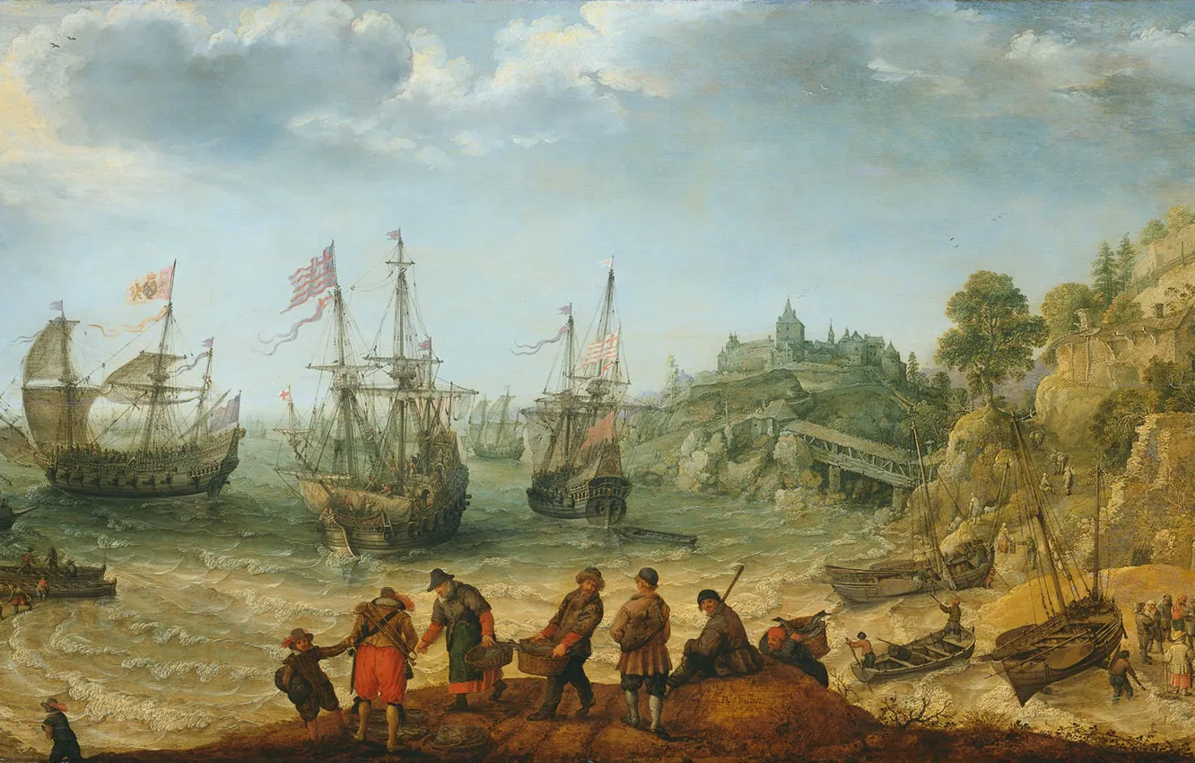 Фото обои масло, картина, 1621, Adam Willaerts, Корабли у Скалистого Берега, Адам Виллартс