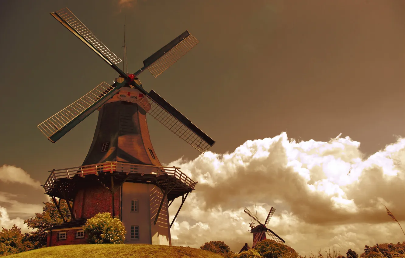 Фото обои облака, мельницы, голландия