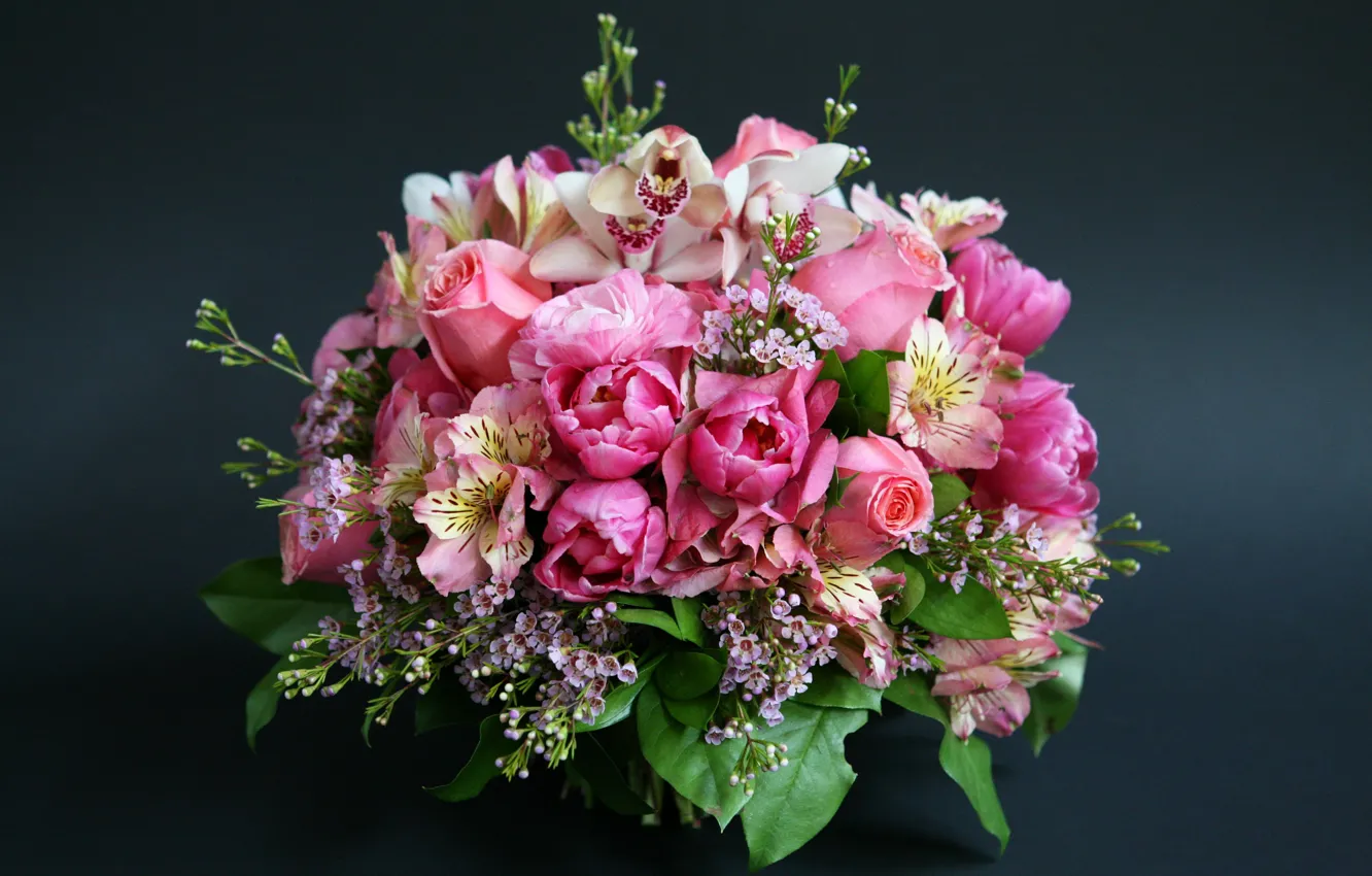 Фото обои розы, букет, тюльпаны, орхидеи, beautiful, Roses, Tulips, альстромерия