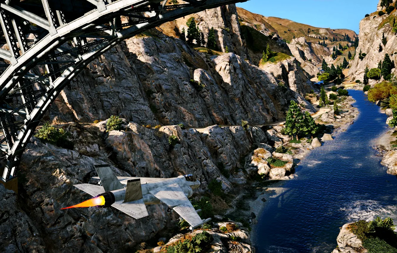 Фото обои Природа, Мост, Самолет, Река, Полет, Арт, GTA 5, ГТА