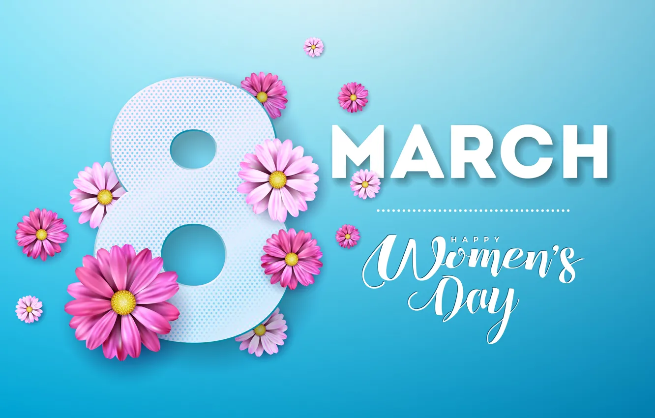 Фото обои цветы, розовые, happy, 8 марта, pink, flowers, голубой фон, женский день