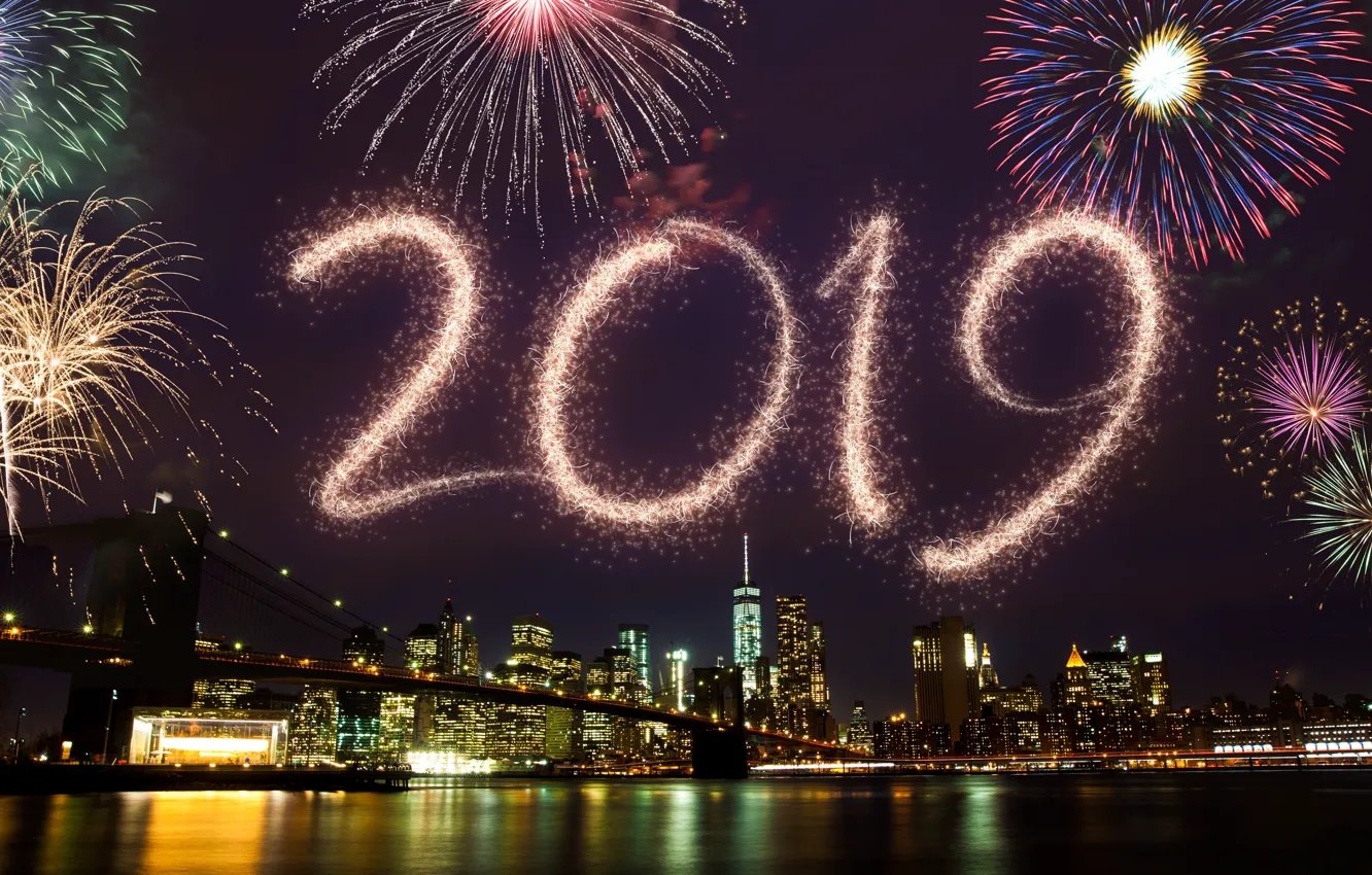 Фото обои Новый Год, happy, 2019, салют, огни, New Year, ночь, fireworks