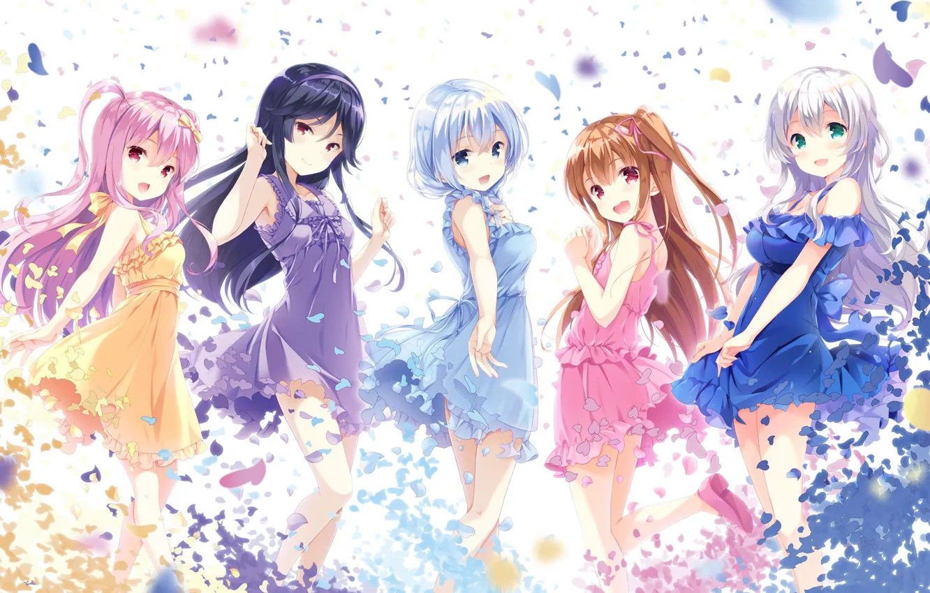 Фото обои радость, девушки, аниме, лепестки, арт, ohara tometa, girlfriend, murakami fumio