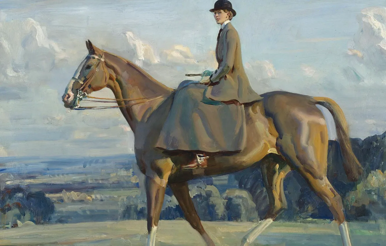 Фото обои лошадь, картина, Альфред Джеймс Маннингс, Alfred James Munnings, Конный Портрет Леди Барбары Лоутер