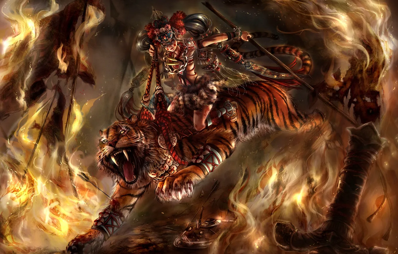Фото обои девушка, тигр, огонь, хищник, меч, арт, рукоятка
