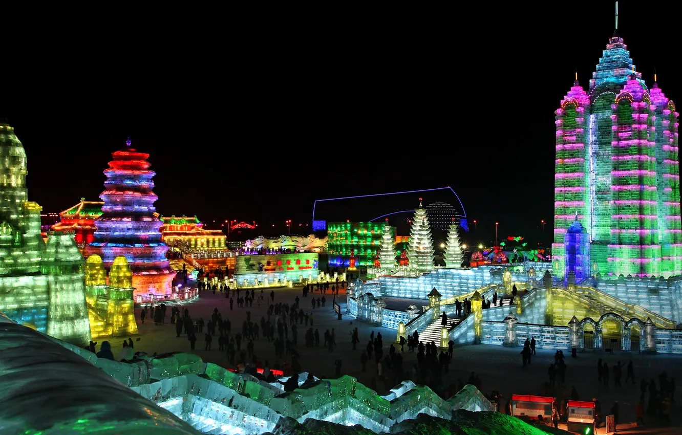 Фото обои ночь, огни, Китай, Харбин, фестиваль льда и снега