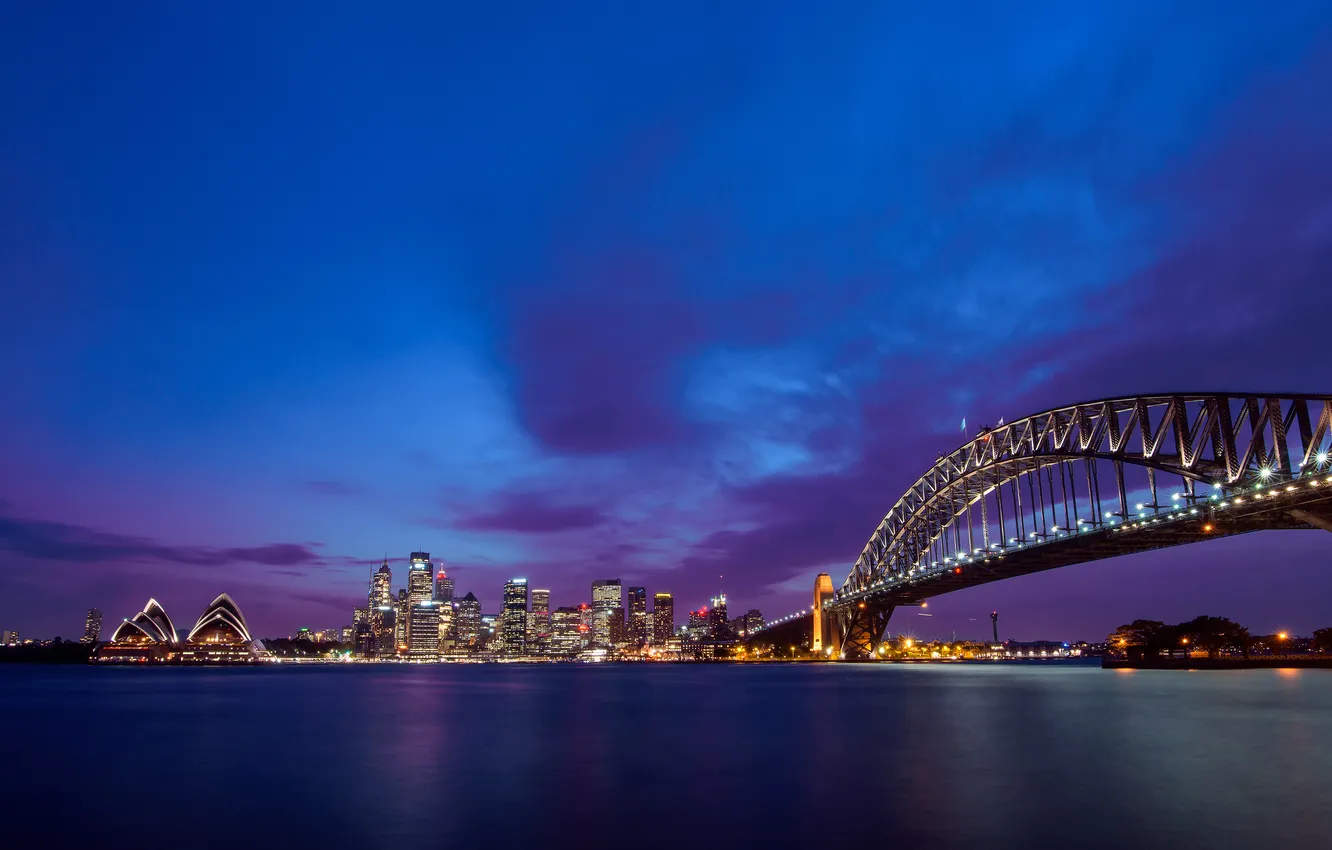 Фото обои мост, город, огни, пролив, вечер, Central Business District, Sydney CBD, the Sydney Opera House
