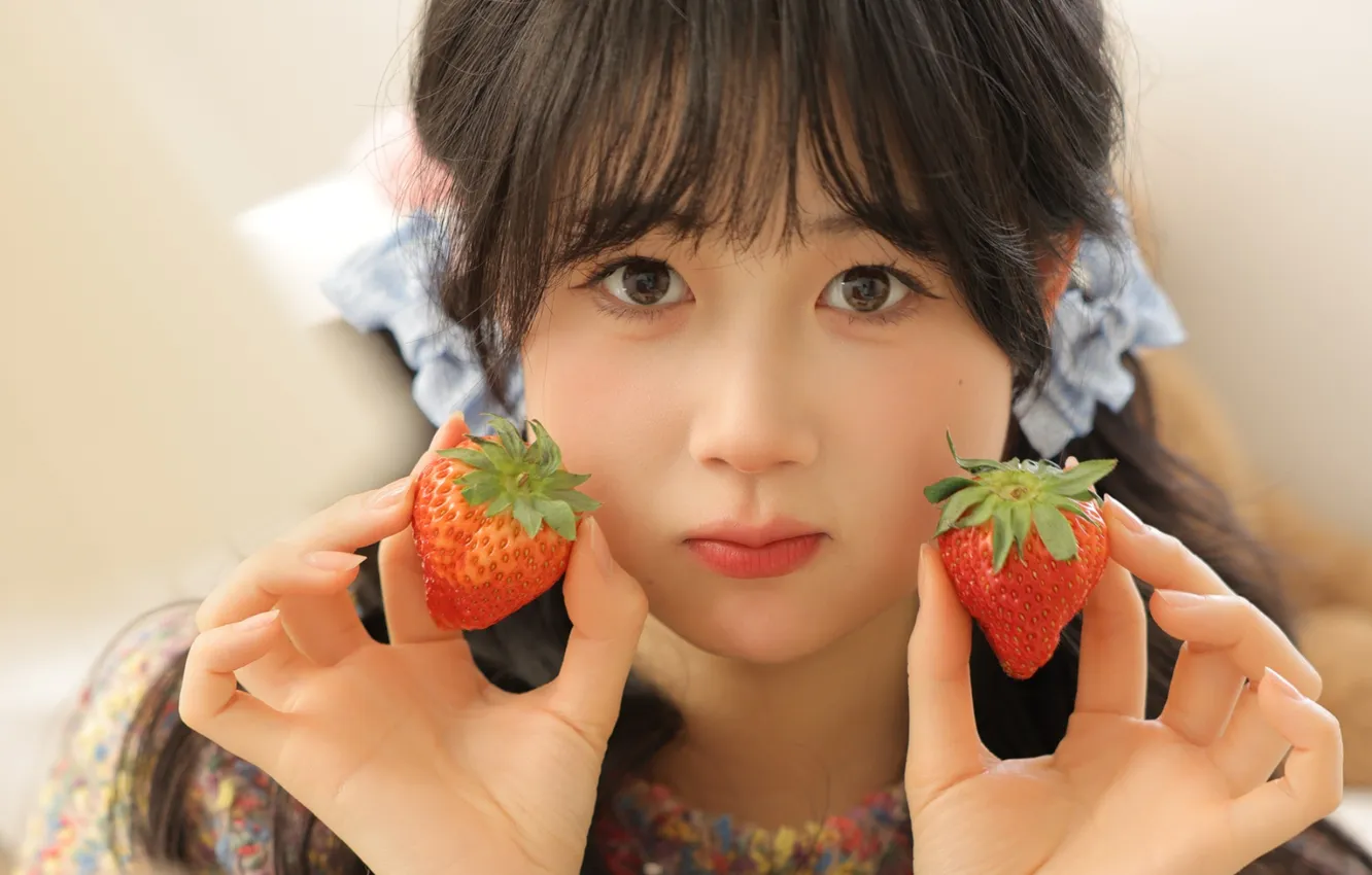 Фото обои Beautiful, Asian, Model, Strawberry, Woman, Cute, Pretty, Petite