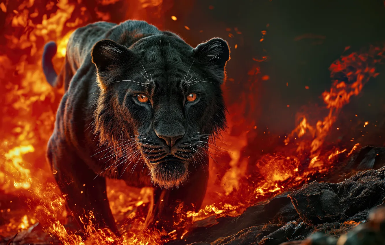 Фото обои wallpaper, Fire, Cat, Wild, Look, Black Panther, Wild Cat