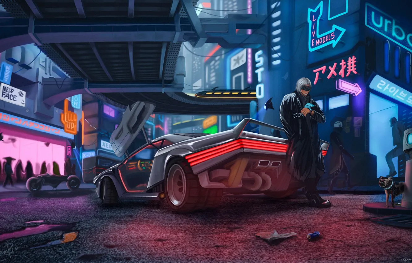 Фото обои машина, город, люди, киберпанк, Cyberpunk 2077