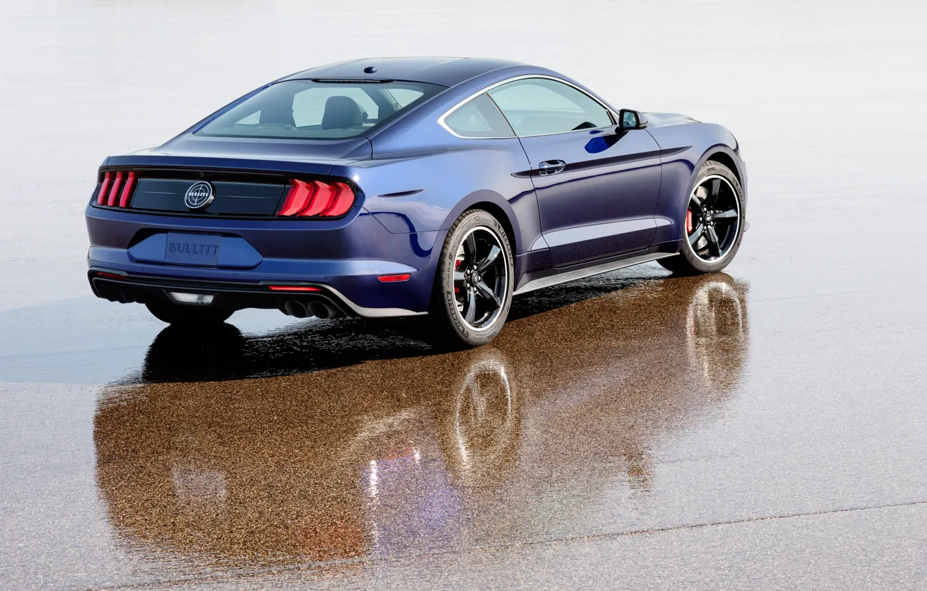Фото обои Mustang, Ford, вид сзади, 2018, Bullitt, Kona Blue