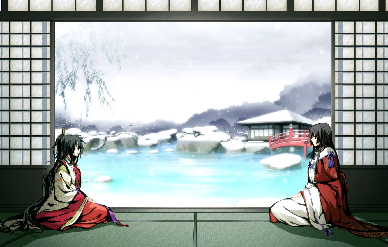 Фото обои зима, снег, мост, пруд, девушки, кимоно, game, g yuusuke