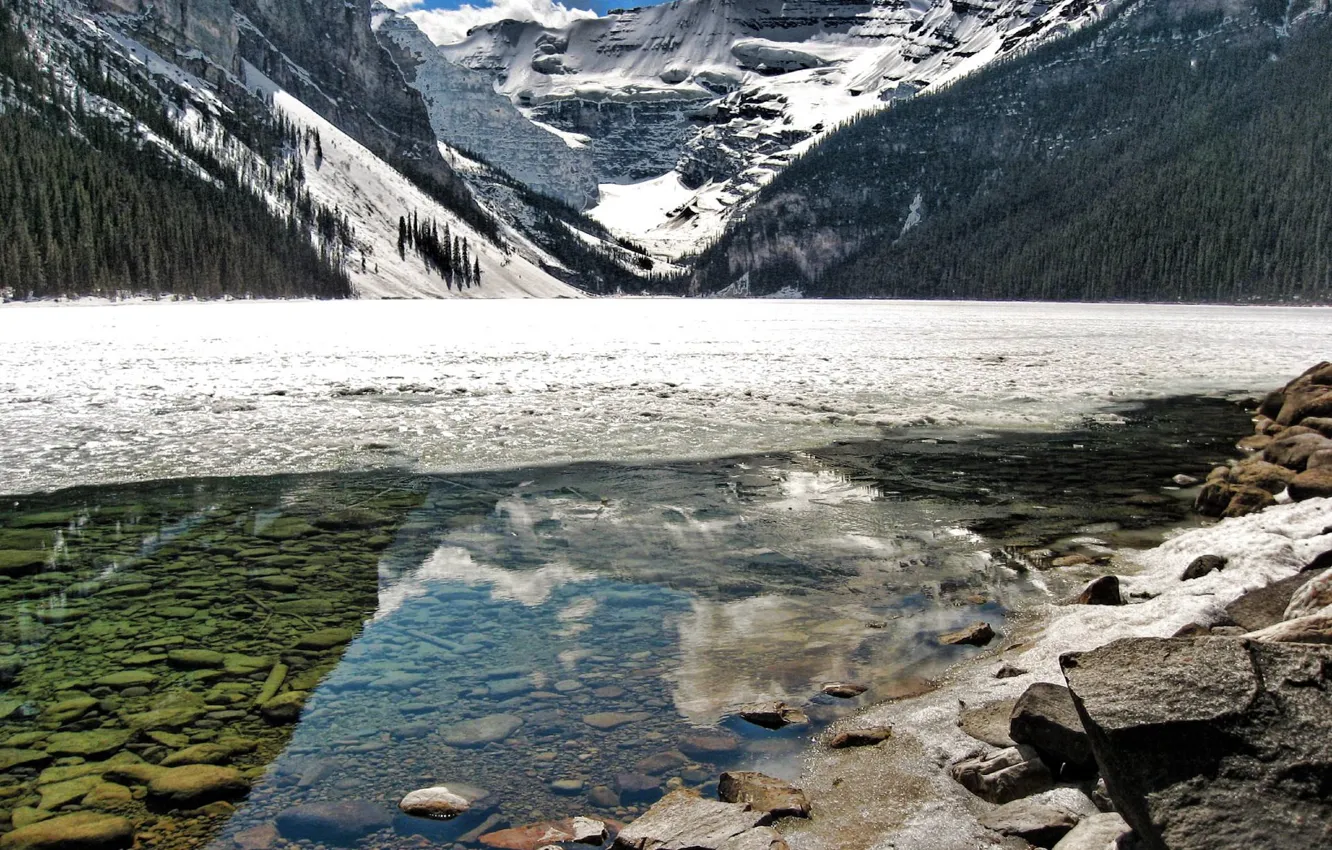Фото обои лед, вода, горы, отражение, камни