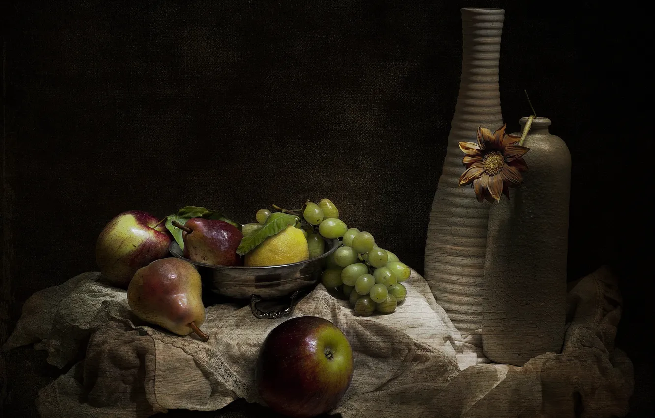Фото обои ретро, ваза, фрукты, натюрморт, винтаж