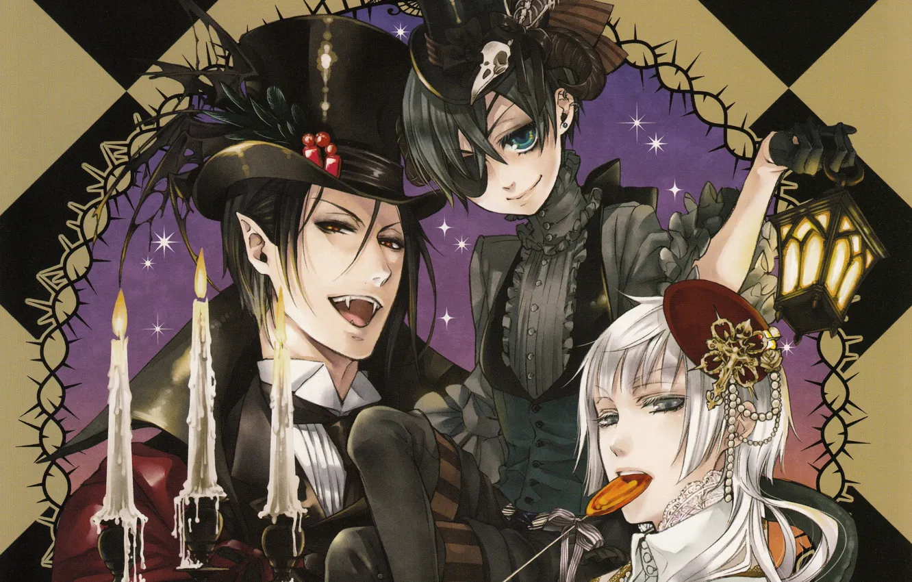 Фото обои клыки, Halloween, вампир, черный костюм, Темный Дворецкий, Дракула, Kuroshitsuji, Sebastian Michaelis