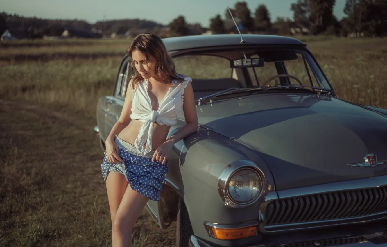 Фото обои машина, девушка, природа, юбка, шатенка, топ, Zhodik Serge