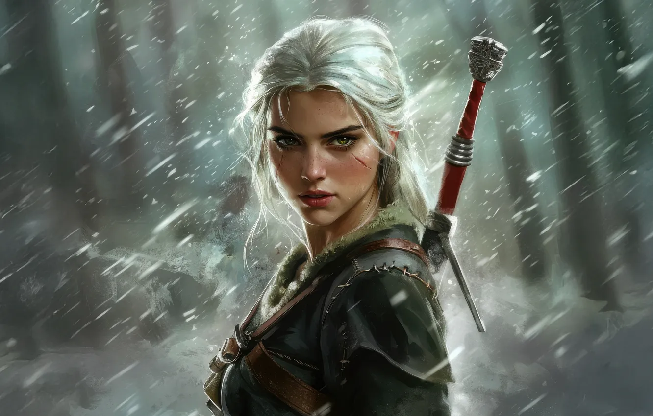 Фото обои forest, snow, Ciri, AI Art, AI Generated, Yhe Witcher
