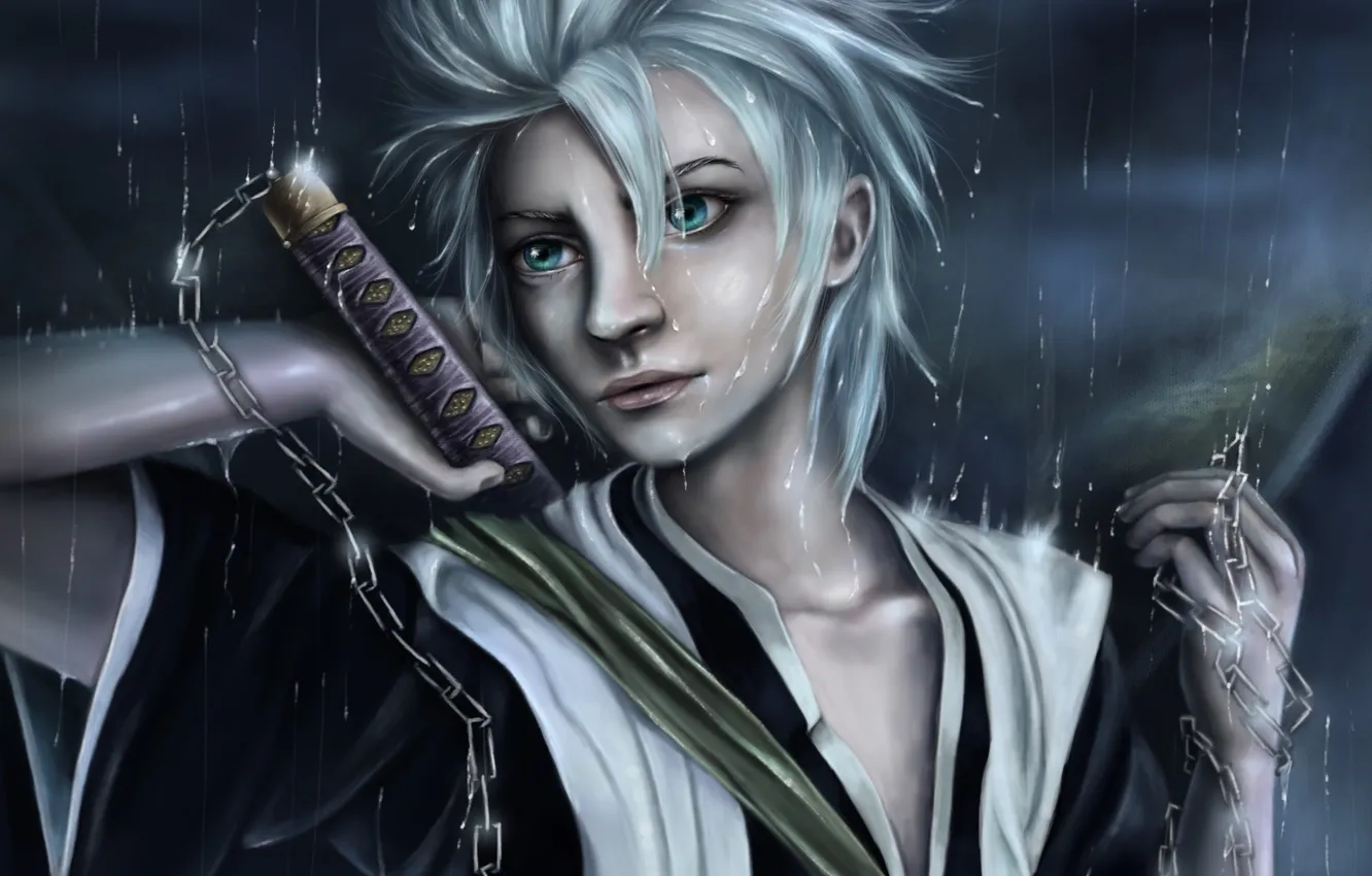 Фото обои дождь, меч, арт, парень, цепи, Bleach, Hitsugaya Toushirou