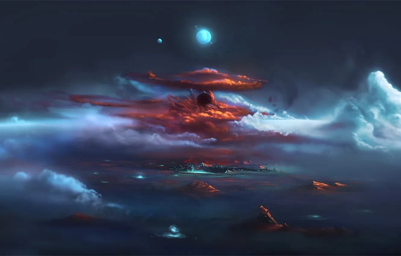 Фото обои небо, облака, горы, скалы, луна, камень, шар, высота