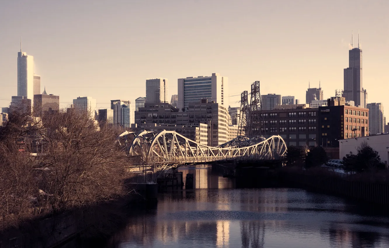 Фото обои осень, мост, река, небоскребы, чикаго, chicago